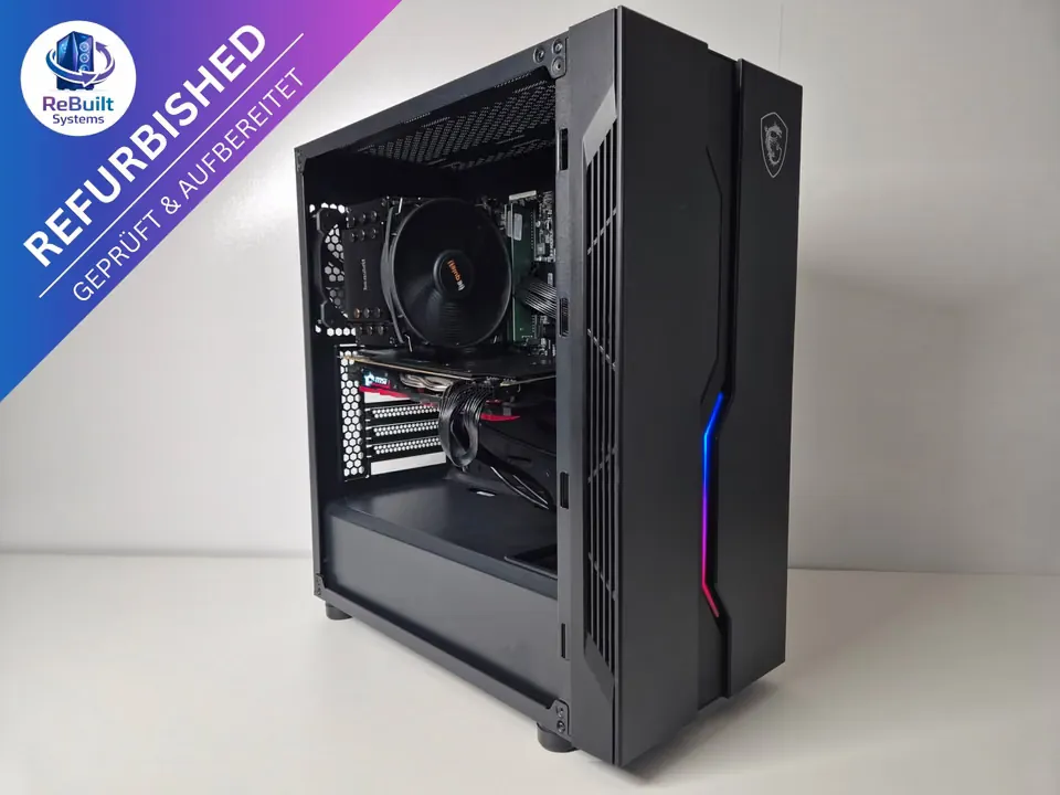 Refurbished Gaming-PC i7-7700 & GTX 1070 – Gesamtansicht mit Glasfenster und RGB-Akzent
